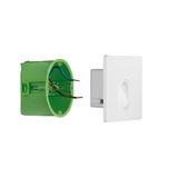 White square LED wall recessed light with green plastic mounting box and wiring cables