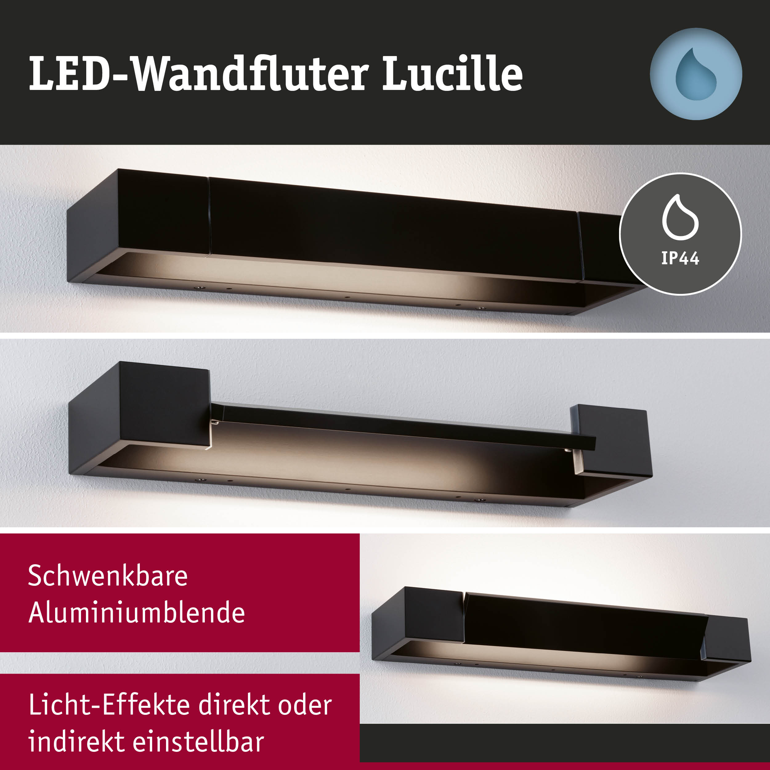 Schwarzer LED-Wandfluter Lucille aus Aluminium mit IP44 Schutz für moderne Wandbeleuchtung