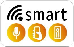 Smart-Label mit Symbolen für Sprachsteuerung, Smartphone und Fernbedienung in Orange und Schwarz