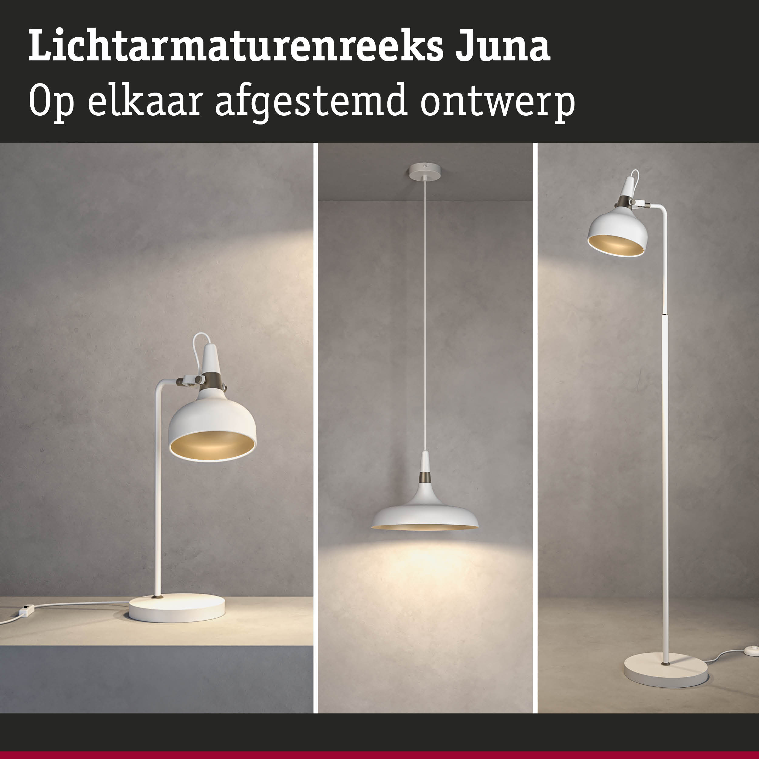 Witte Juna verlichtingsserie met tafel-, hang- en vloerlamp van metaal voor moderne interieurs