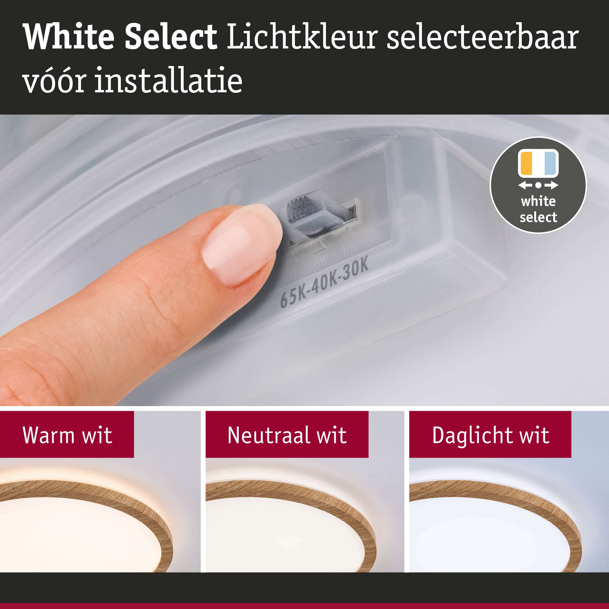 Hand stelt lichtkleur in op witte kunststof plafondlamp met houten rand – dimbare LED-lamp