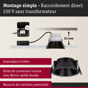Spot encastré noir avec profondeur d'installation de 55 mm et raccordement direct 230 V sans transformateur