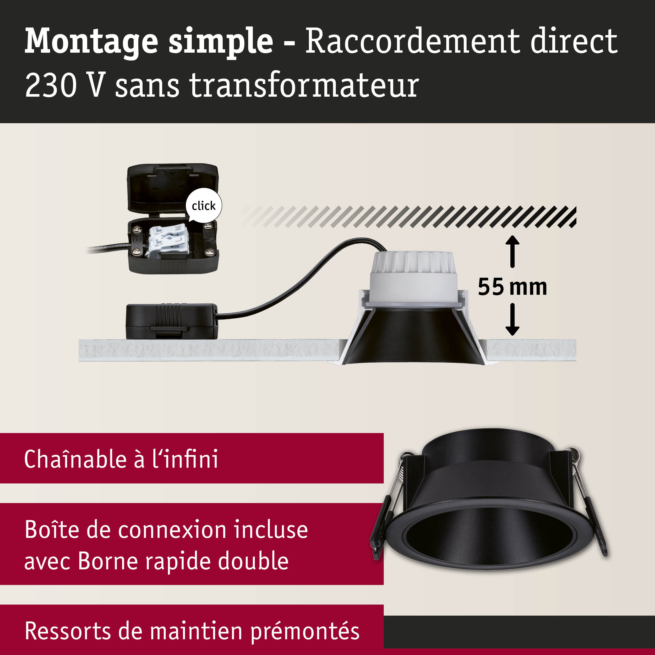 Spot encastré noir avec profondeur d'installation de 55 mm et raccordement direct 230 V sans transformateur