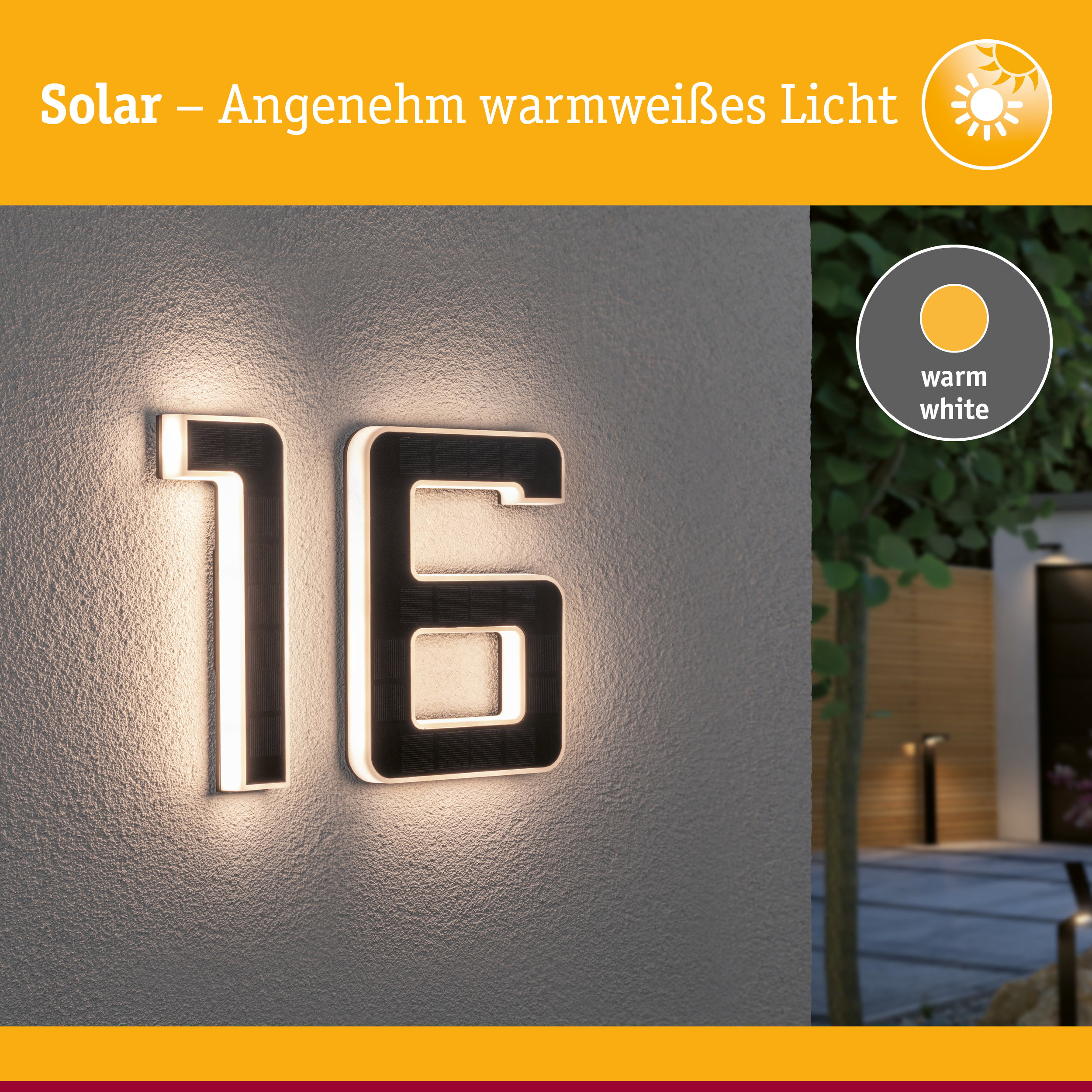 Solarhausnummer 16 mit warmweißem Licht an grauer Wand für Außenbeleuchtung und Hausnummernbeleuchtung