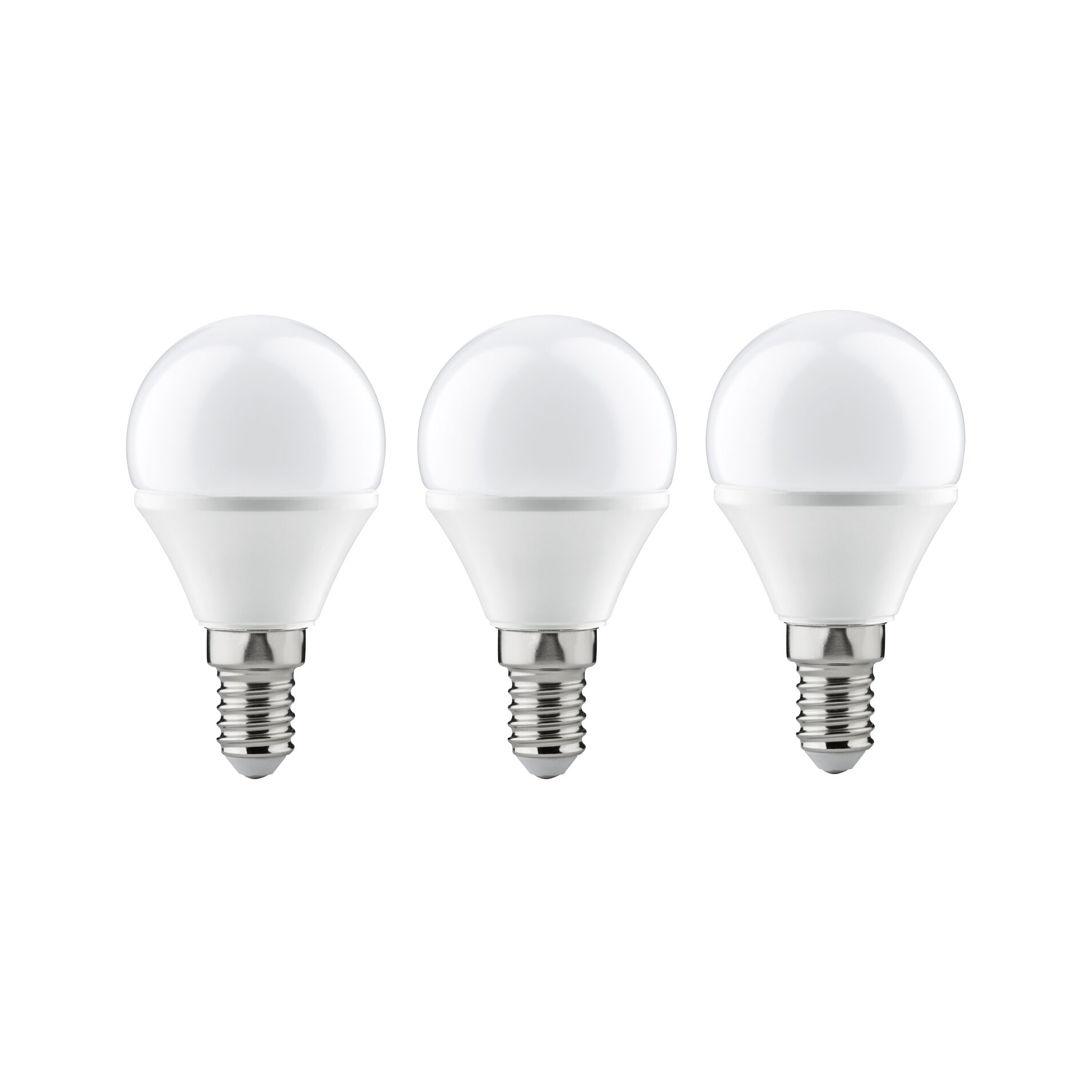 Drei weiße LED-Leuchtmittel mit E14-Fassung und mattiertem Kunststoffgehäuse für energiesparende Beleuchtung