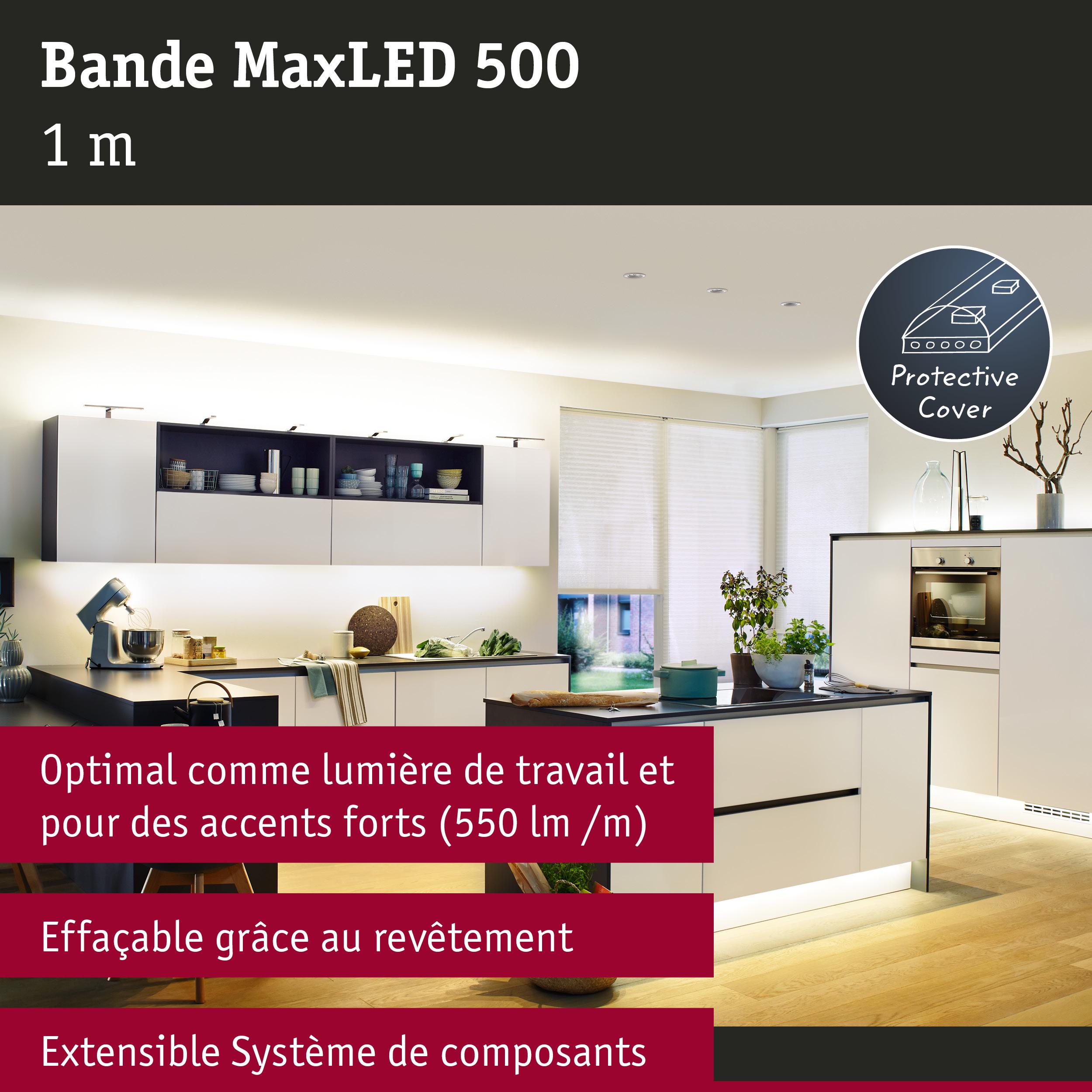 Bande MaxLED 500 de 1 m avec revêtement protecteur, idéale pour lumière de travail et accents forts en cuisine