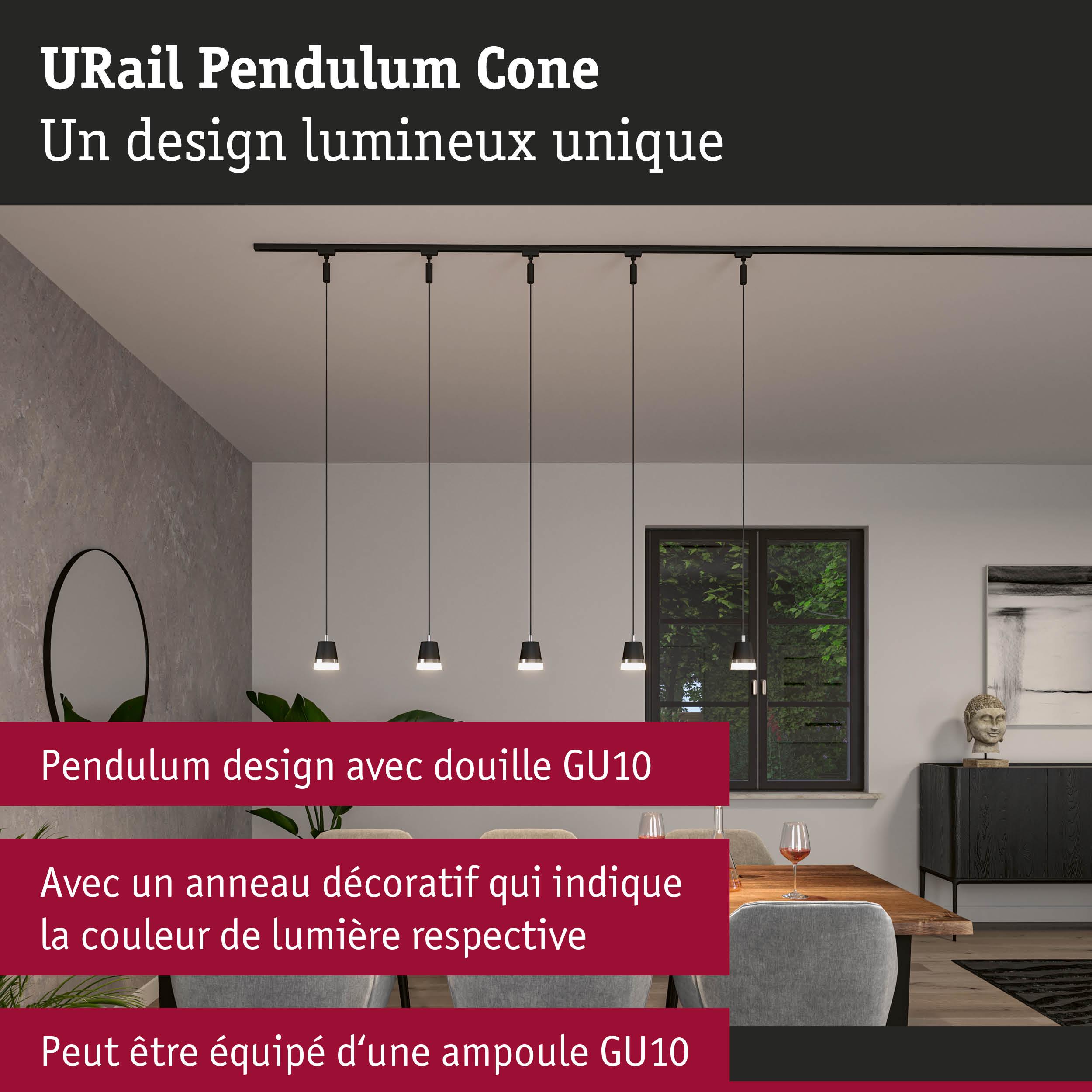 Cinq suspensions noires URail Pendulum Cone avec anneau décoratif de couleur lumineuse au-dessus d'une table à manger moderne