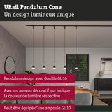 Cinq suspensions noires URail Pendulum Cone avec anneau décoratif de couleur lumineuse au-dessus d'une table à manger moderne