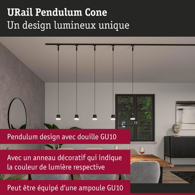 Cinq suspensions noires URail Pendulum Cone avec anneau décoratif de couleur lumineuse au-dessus d'une table à manger moderne