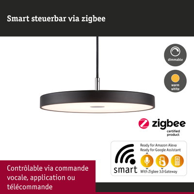 Suspension LED ronde noire avec lumière blanche chaude dimmable et commande intelligente Zigbee