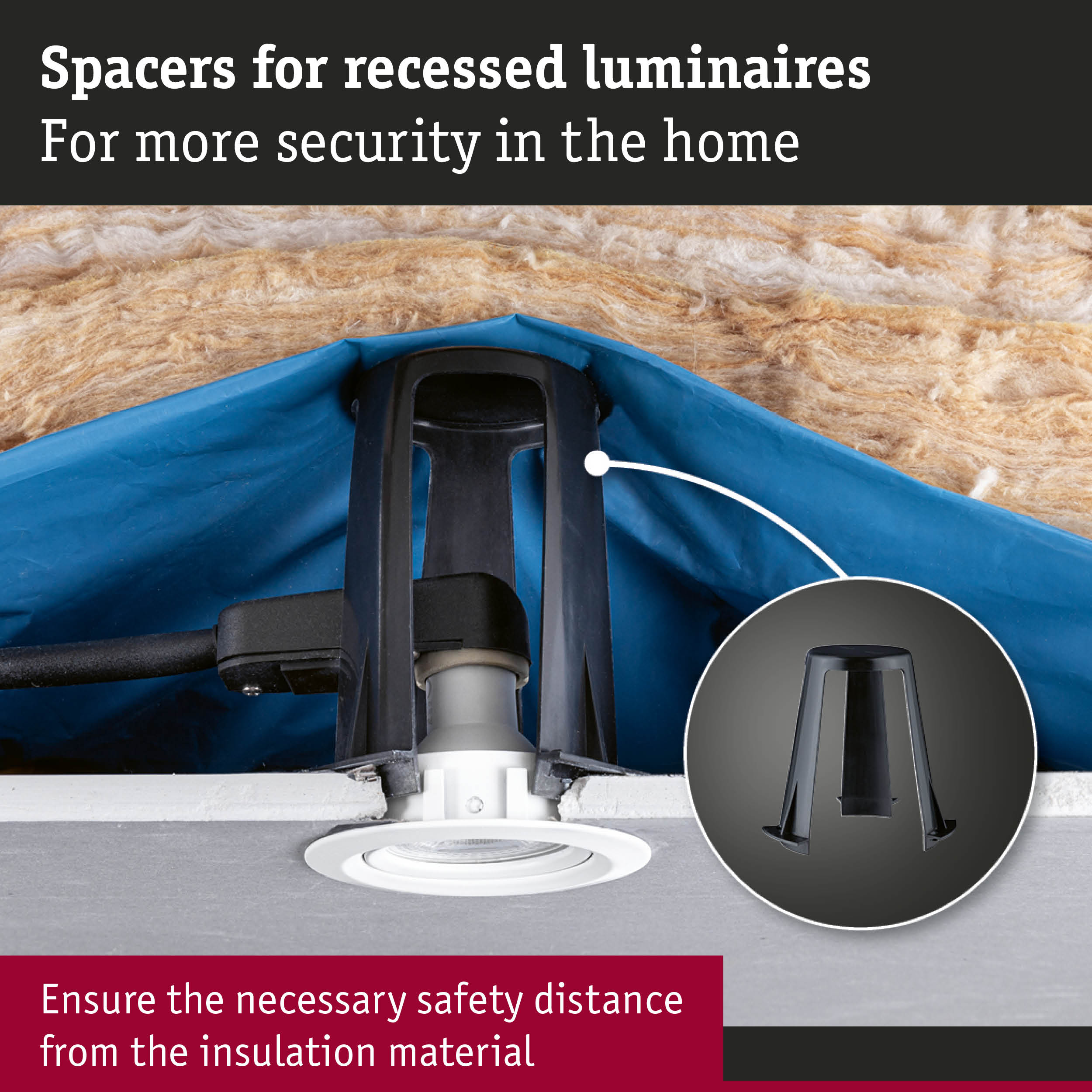 Black plastic spacer for recessed luminaires ensuring safety distance from insulation material