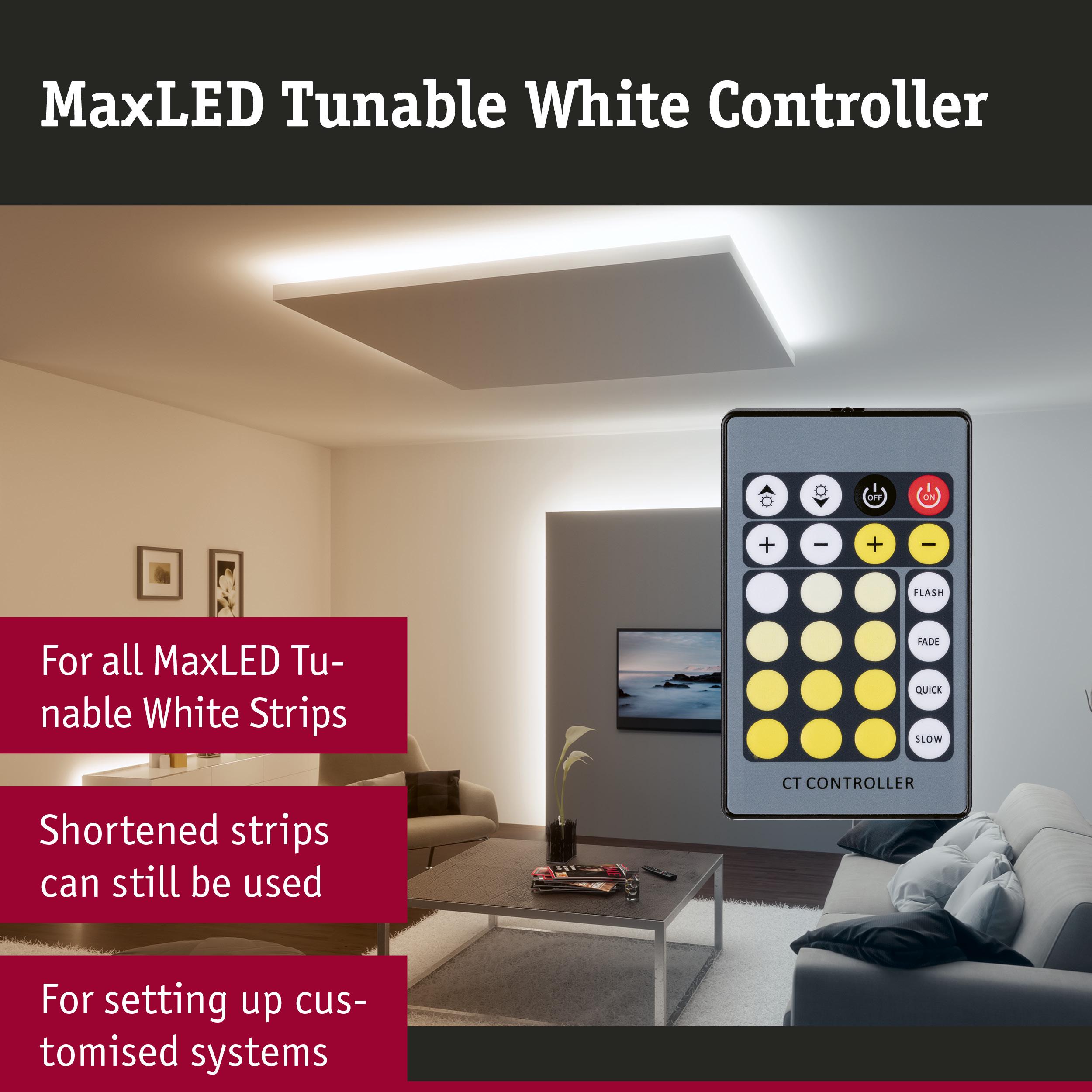 MaxLED Tunable White Controller remote for LED strips in grey and black with yellow buttons
