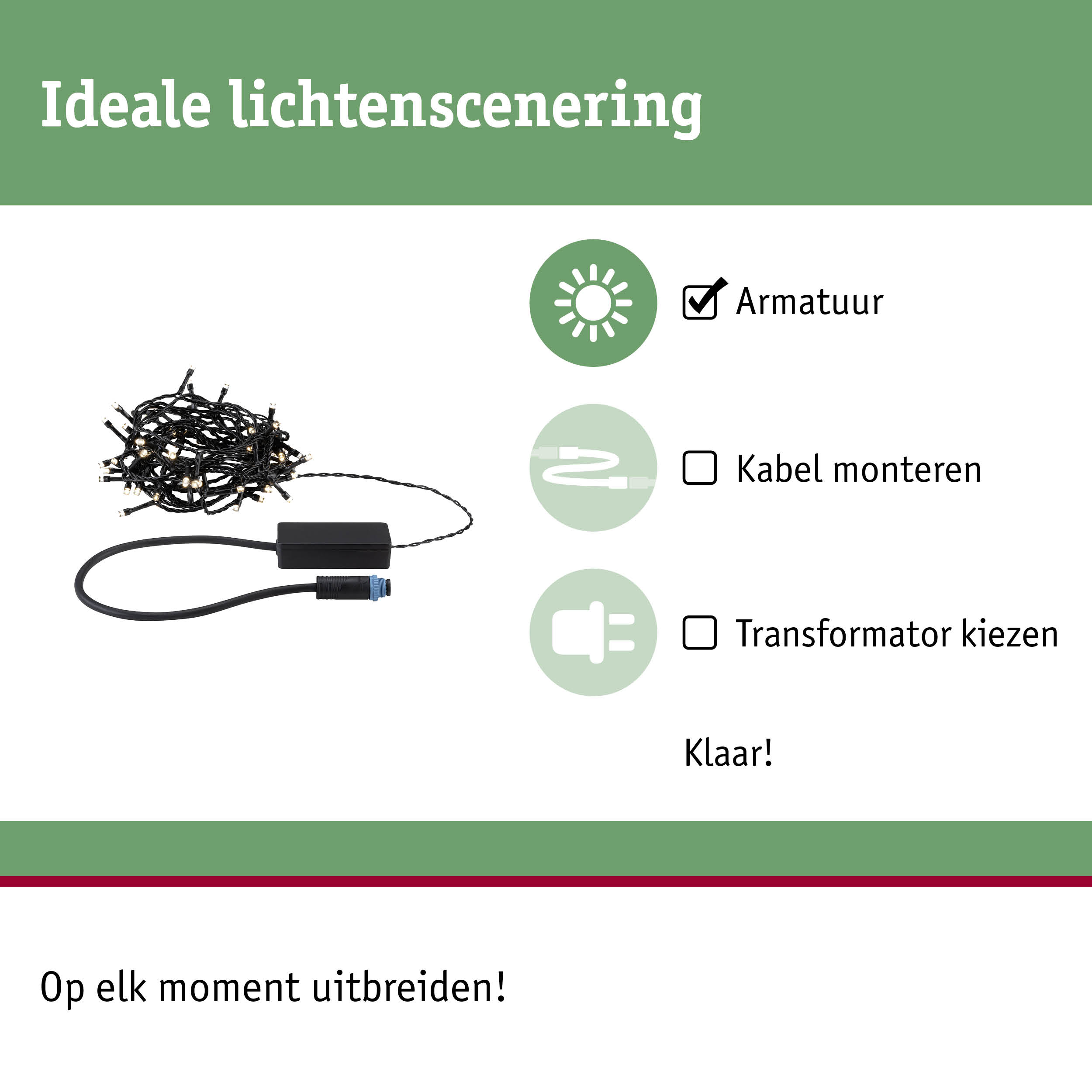Zwart LED-lichtkabel met stekker en transformator voor flexibele verlichting en eenvoudige uitbreiding