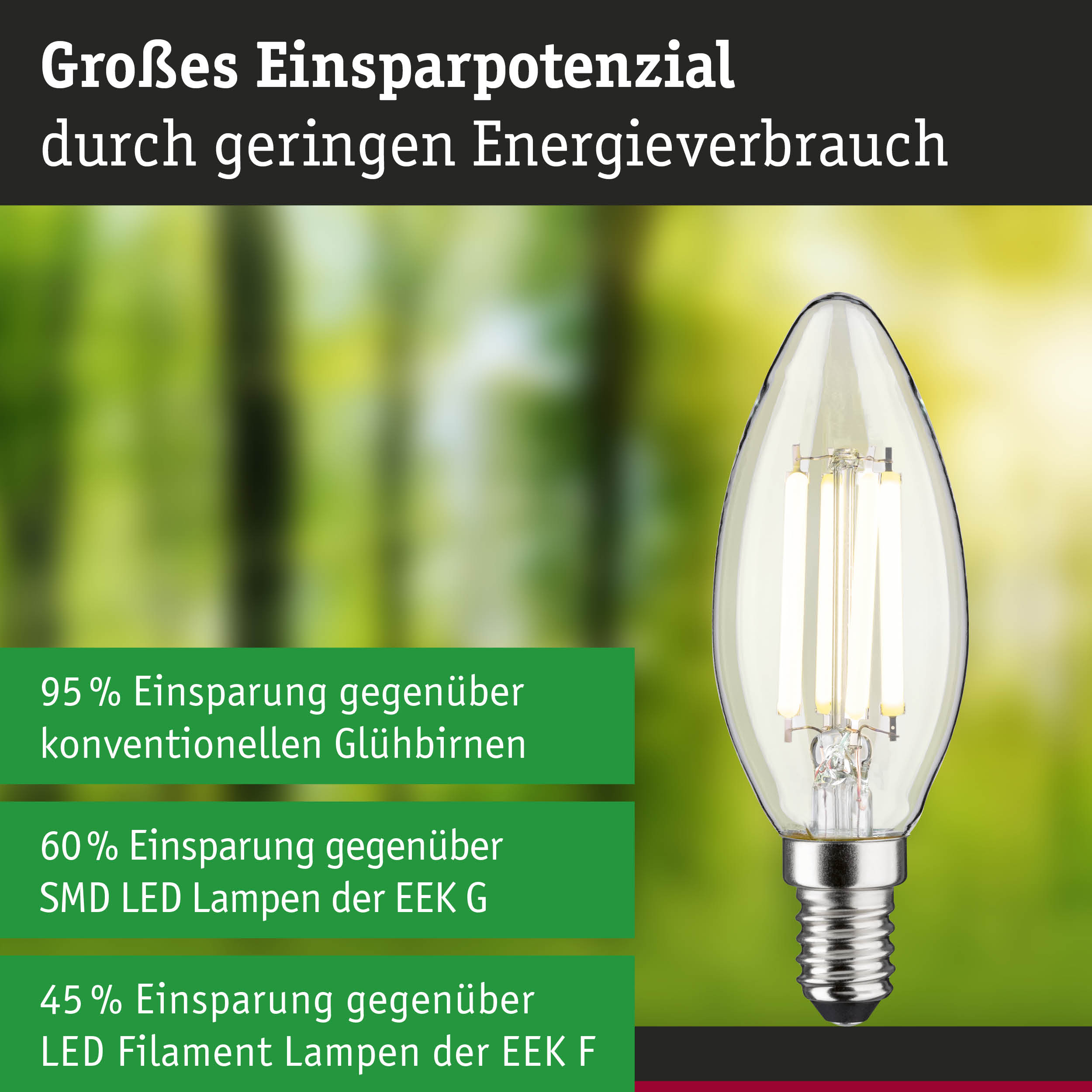 Energiesparlampe mit klarem Glas und E14-Fassung zeigt hohes Einsparpotenzial gegenüber herkömmlichen Glühbirnen
