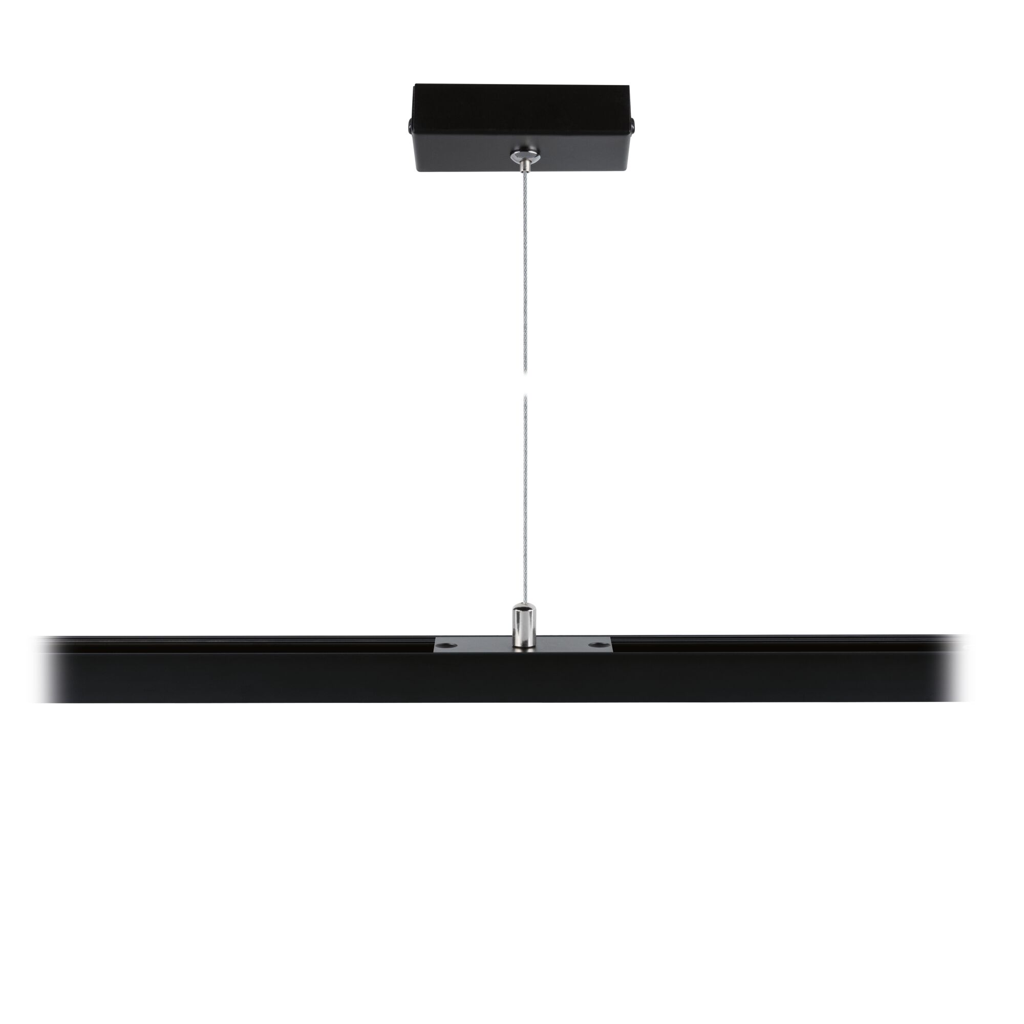 Schwarze LED-Pendelleuchte aus Metall mit Stahlseil zur Deckenmontage für moderne Innenräume
