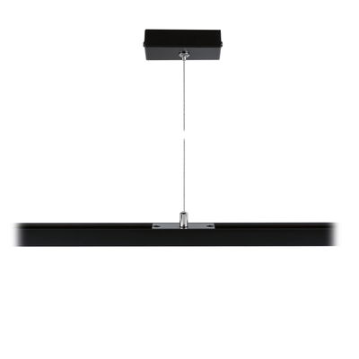 Black metal LED pendant light with steel cable for ceiling mounting in modern interiors