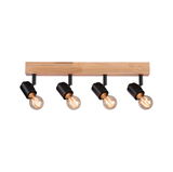 Four-light ceiling fixture with wooden base and black metal spotlights for modern interiors