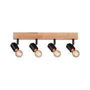 Four-light ceiling lamp with wooden base and black metal holders, warm white LED bulbs included