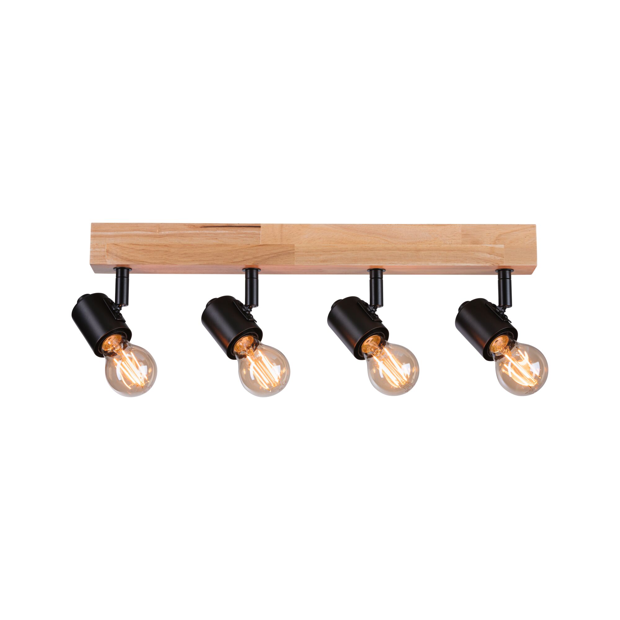Four-light ceiling lamp with wooden base and black metal holders, warm white LED bulbs included