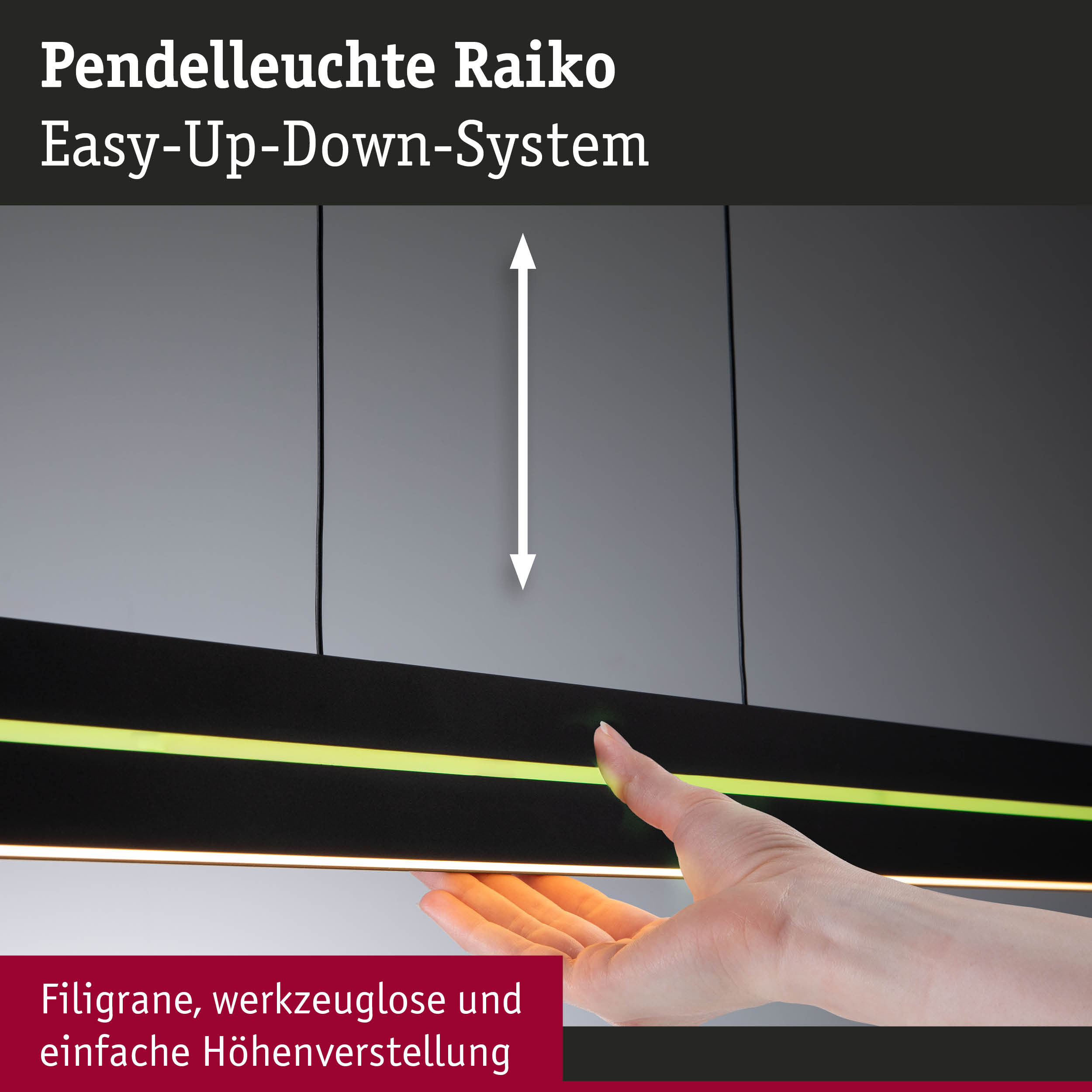 Pendelleuchte Raiko mit Easy-Up-Down-System und werkzeugloser Höhenverstellung in Schwarz mit LED-Lichtband