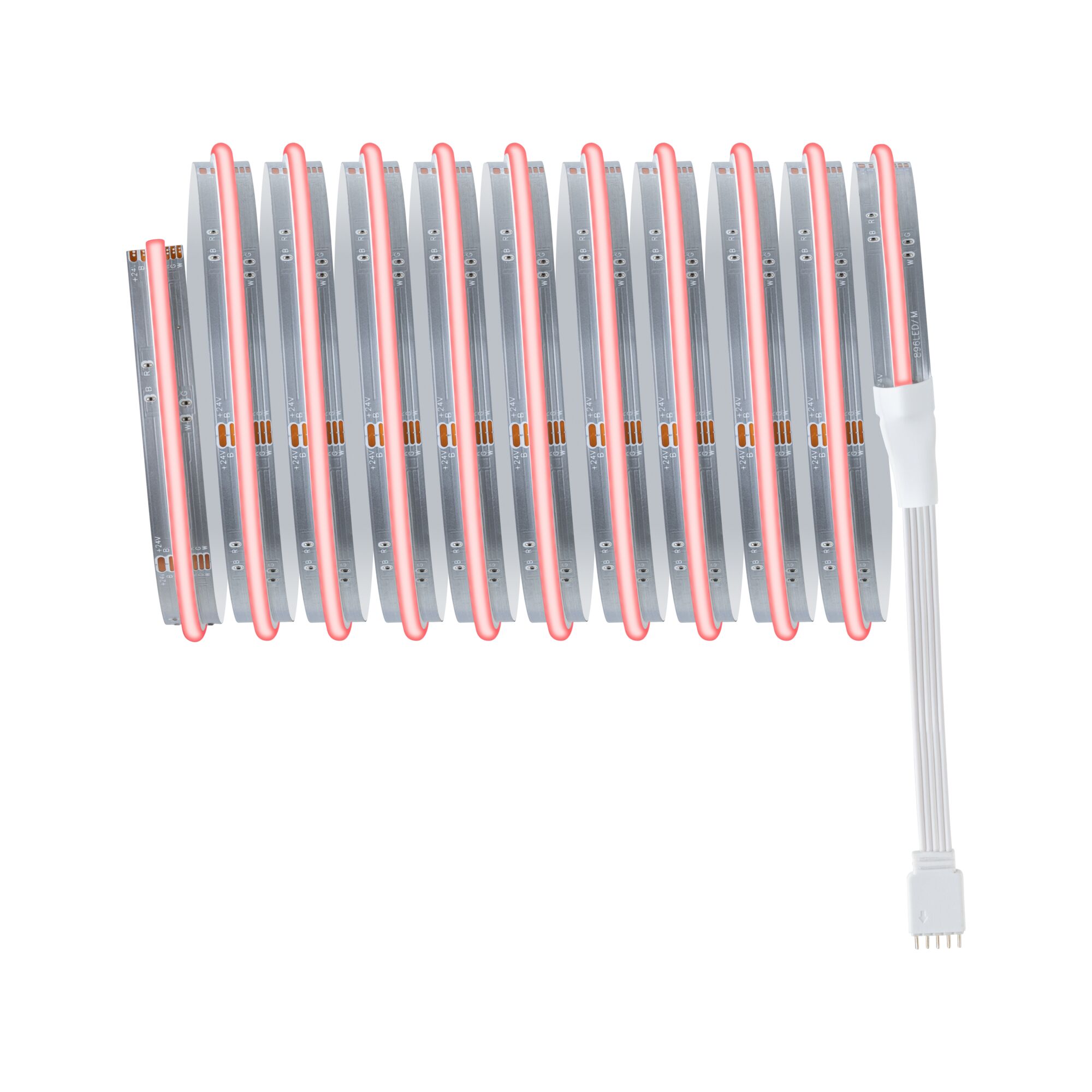 Flexibler LED-Streifen mit roter Beleuchtung und weißem Anschlusskabel für dekorative Lichtakzente.