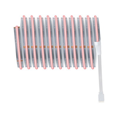 Flexibler LED-Streifen mit roter Beleuchtung und weißem Anschlusskabel für dekorative Lichtakzente.