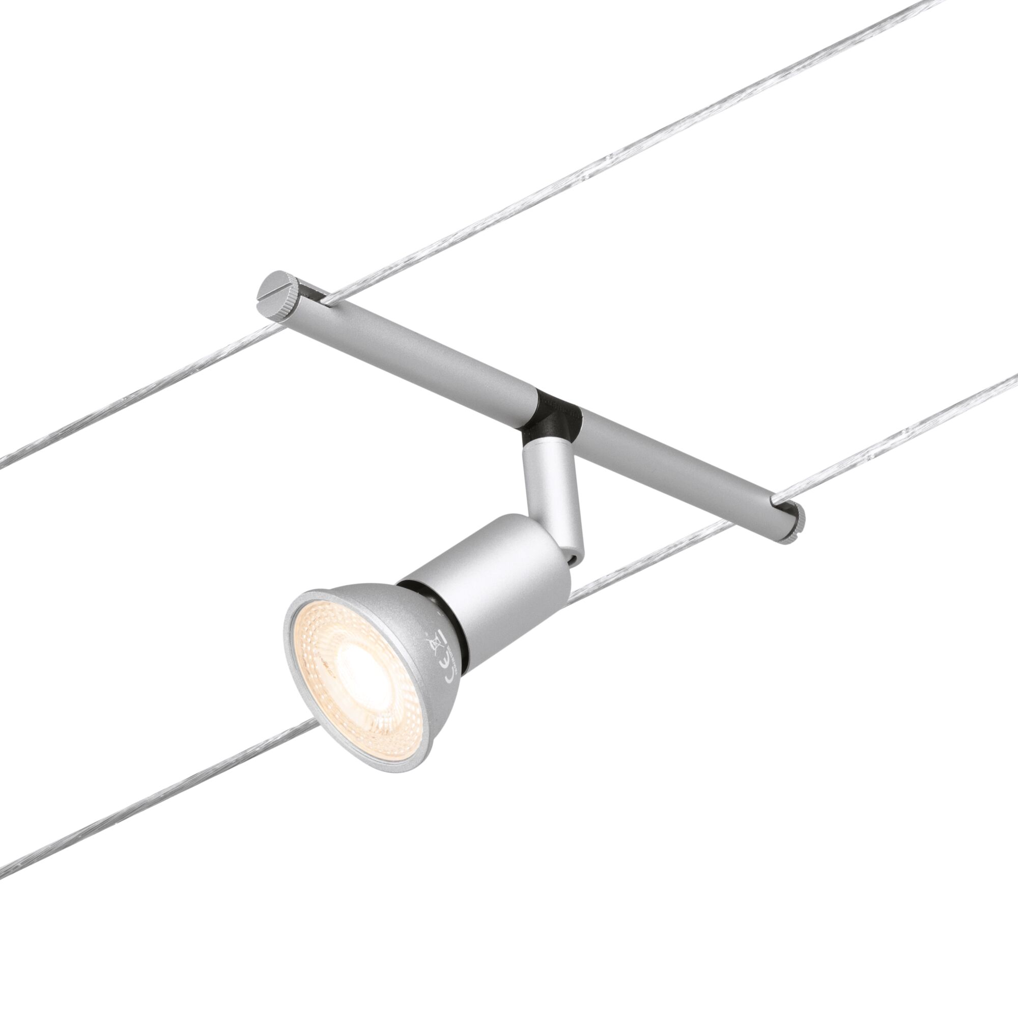 Silver metal LED cable spotlight with warm white light for modern interior lighting