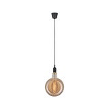 Hanging light bulb with black cable and amber glass for decorative lighting in interiors