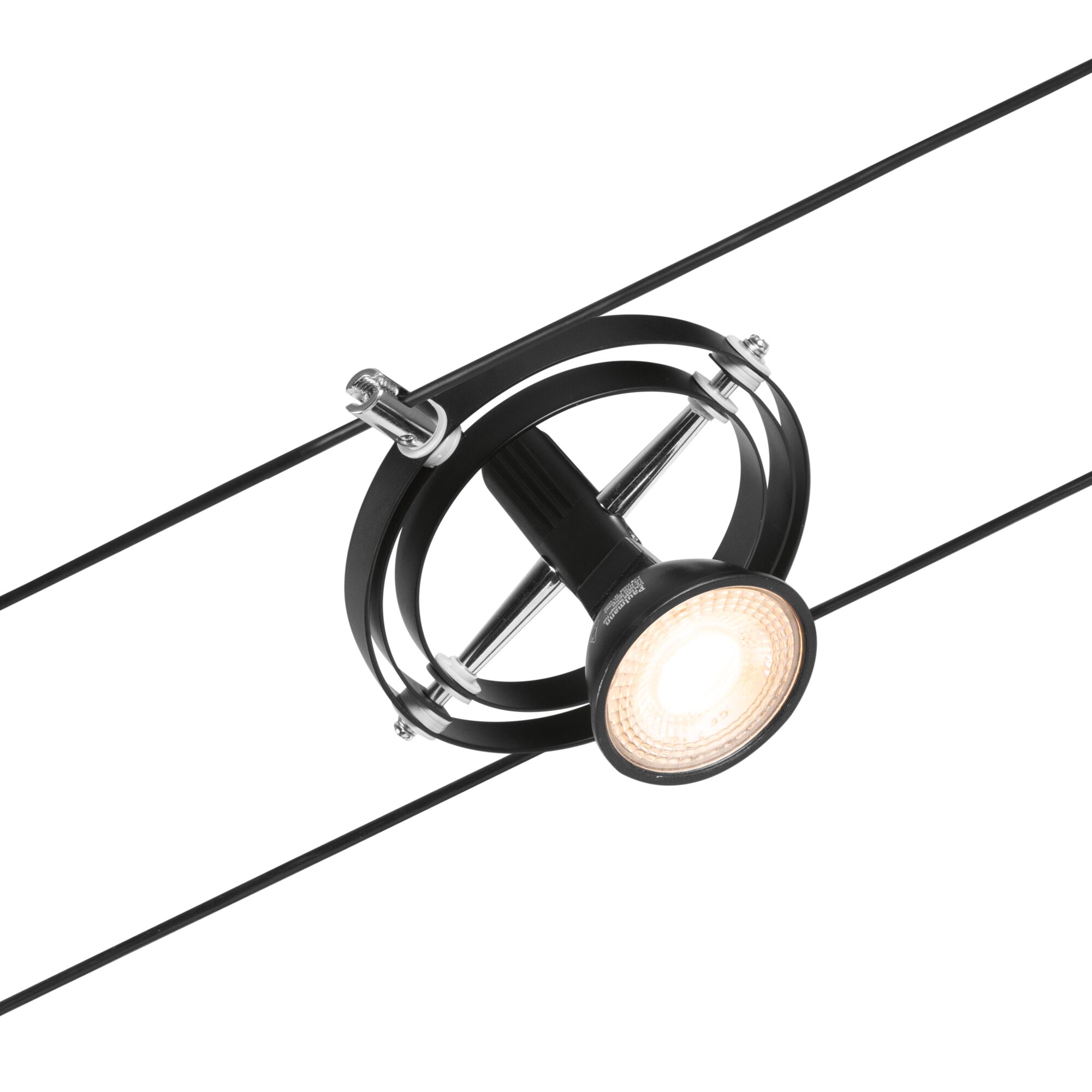 Schwarze LED-Seilstrahlerleuchte mit runden Metallringen und warmweißem Licht für moderne Beleuchtung