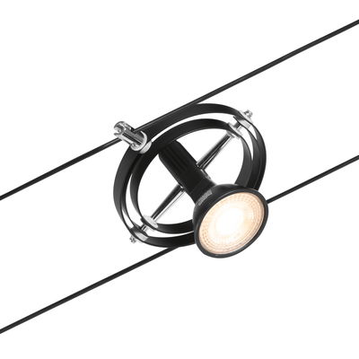Schwarze LED-Seilstrahlerleuchte mit runden Metallringen und warmweißem Licht für moderne Beleuchtung