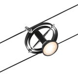 Schwarze LED-Seilstrahlerleuchte mit runden Metallringen und warmweißem Licht für moderne Beleuchtung