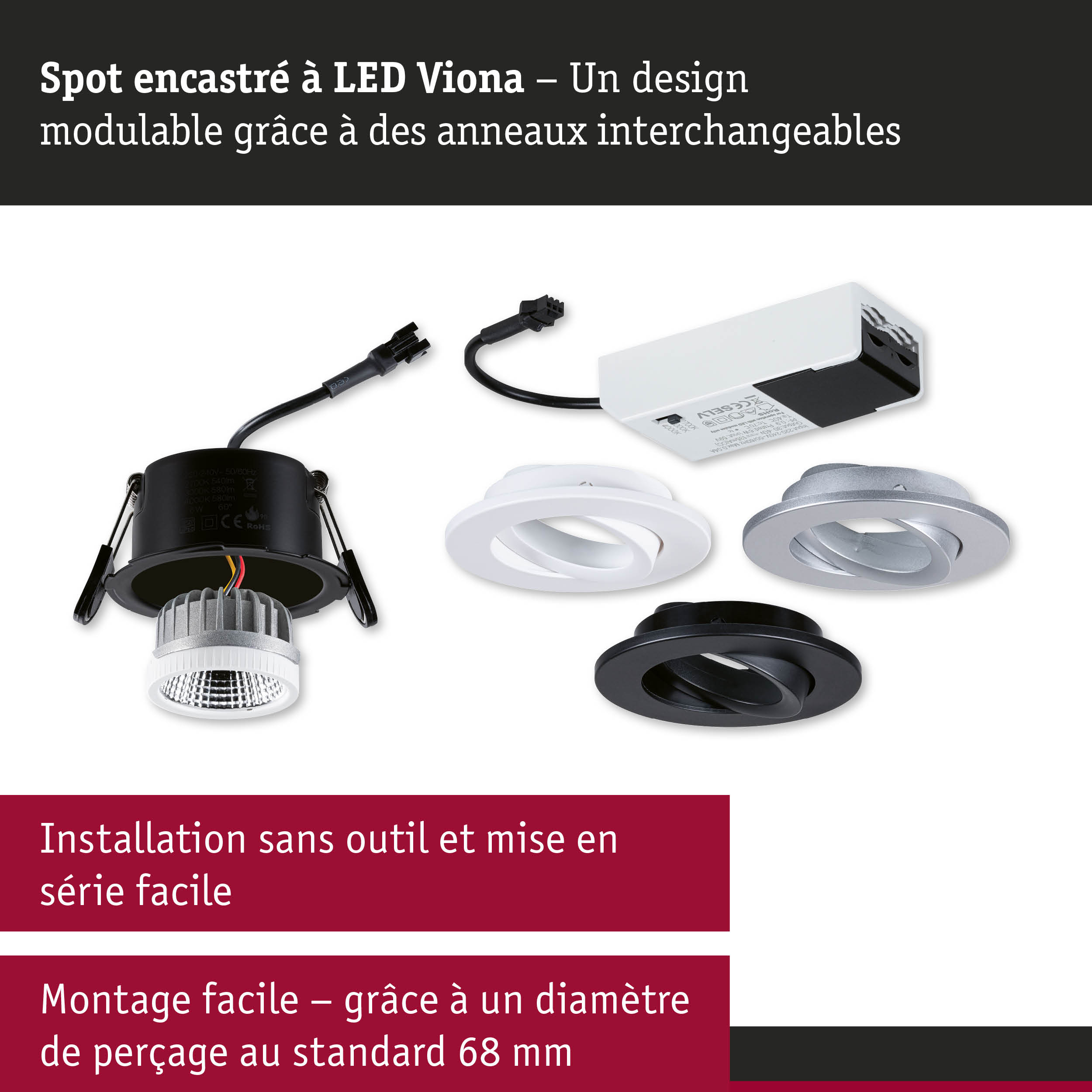 Spot LED encastré Viona modulaire avec anneaux interchangeables noirs, blancs et argentés pour éclairage flexible