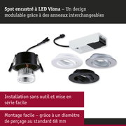 Spot LED encastré Viona modulaire avec anneaux interchangeables noirs, blancs et argentés pour éclairage flexible