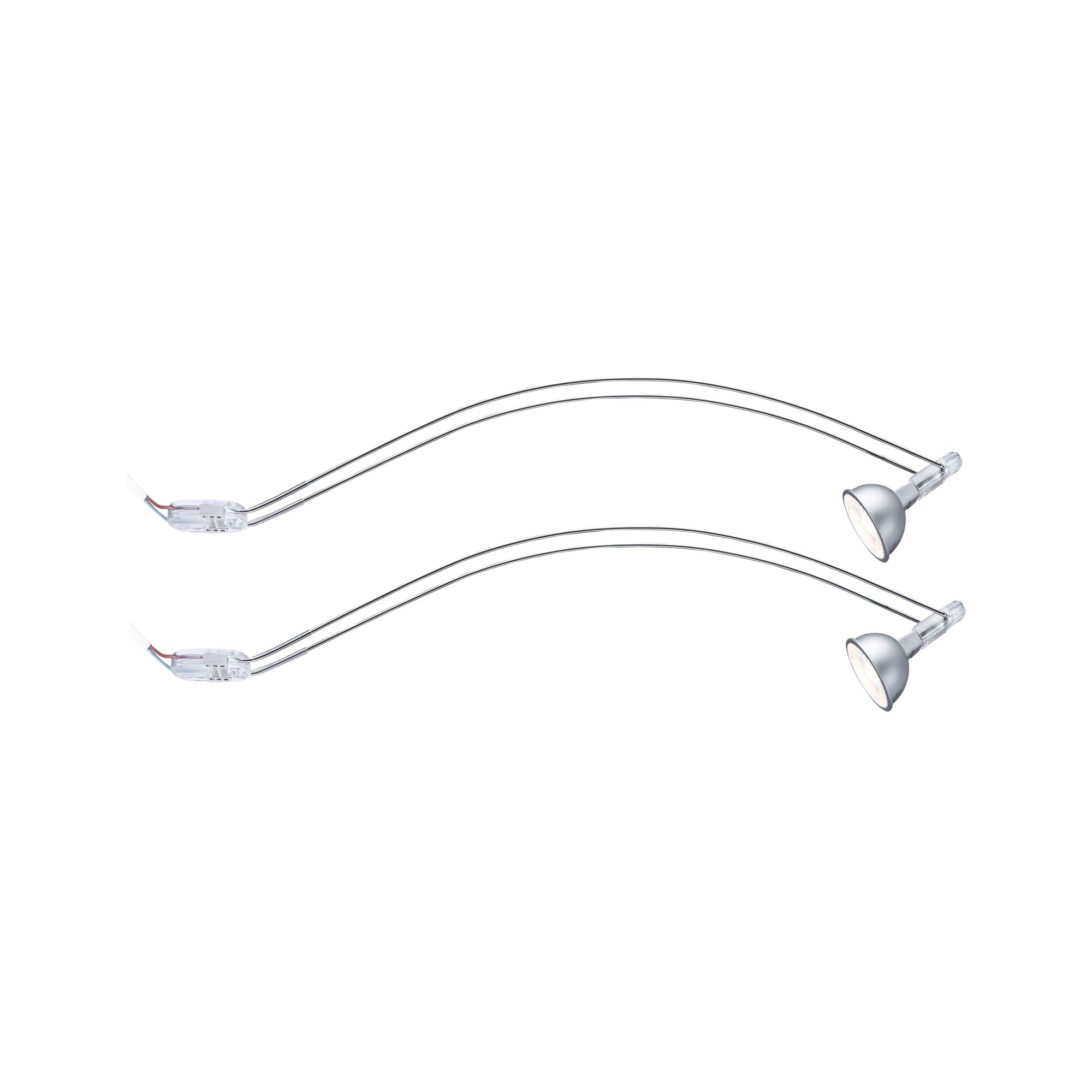 Deux lampes de lecture LED flexibles avec bras en métal argenté et câbles transparents pour éclairage moderne