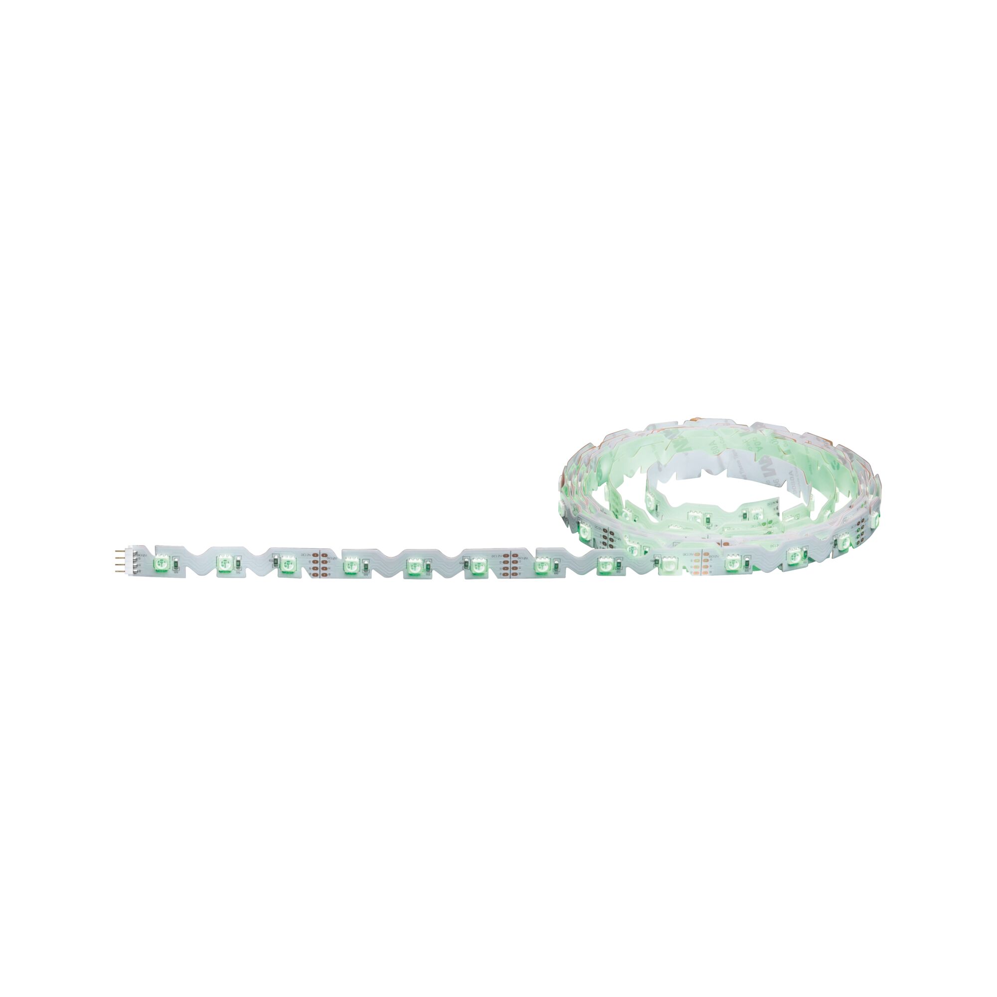 Flexible LED strip with green LEDs on white base for decorative lighting and ambiance.