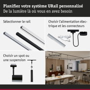 Système de rail URail modulaire en noir et blanc avec spots assortis pour éclairage intérieur