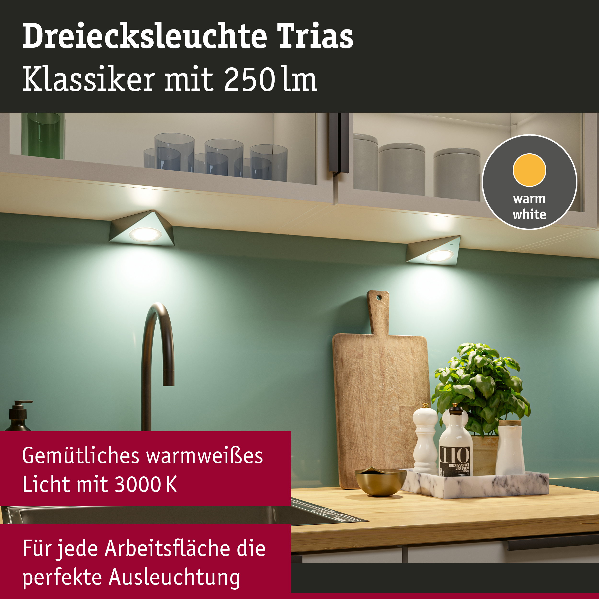 Dreieckige LED-Unterbauleuchte Trias in Weiß mit warmweißem Licht für Küchenarbeitsflächen