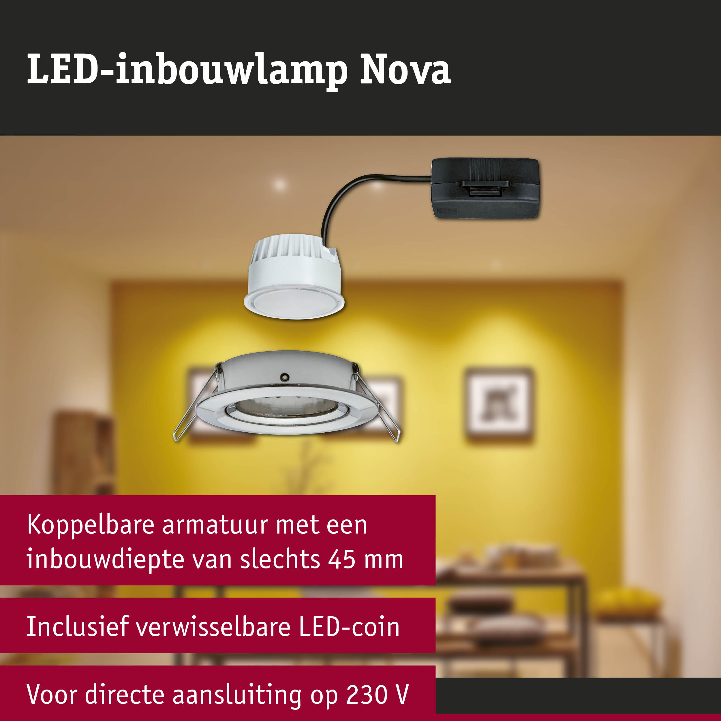 Witte LED-inbouwlamp Nova met zwarte kabel voor directe aansluiting op 230V