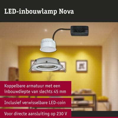 Witte LED-inbouwlamp Nova met zwarte kabel voor directe aansluiting op 230V