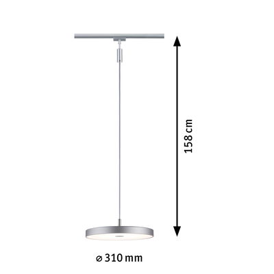 Runde LED-Pendelleuchte aus silbernem Metall mit 310 mm Durchmesser und 158 cm Länge für moderne Beleuchtung