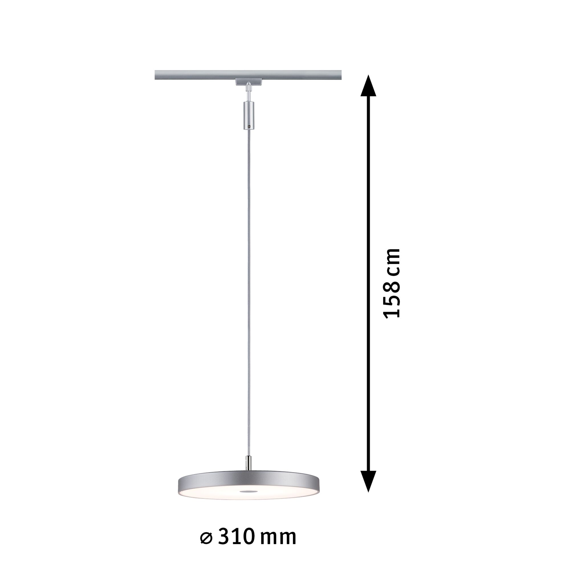 Round silver metal LED pendant light 310 mm diameter and 158 cm length for modern interior lighting
