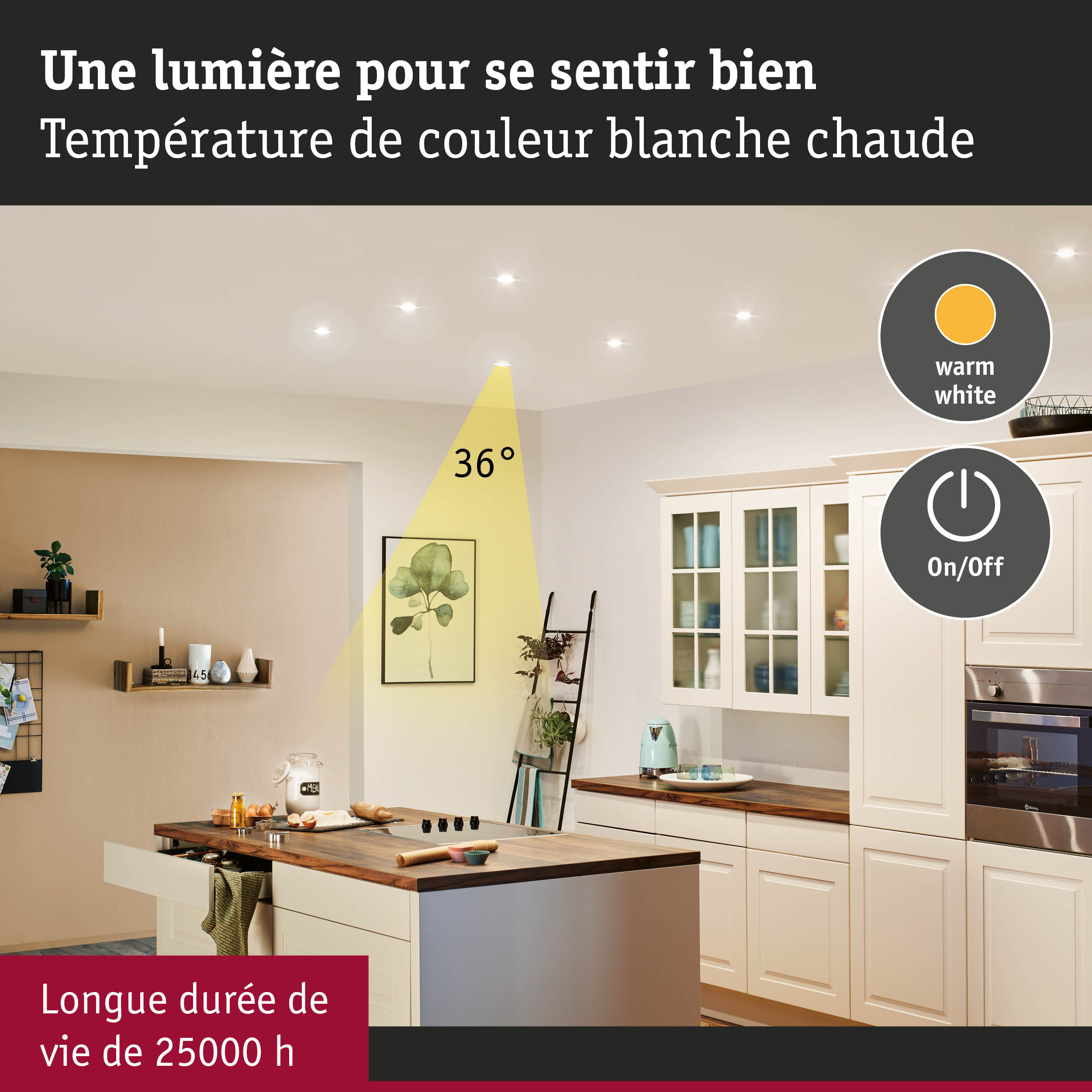 Cuisine moderne avec éclairage LED blanc chaud au plafond et longue durée de vie de 25000 heures