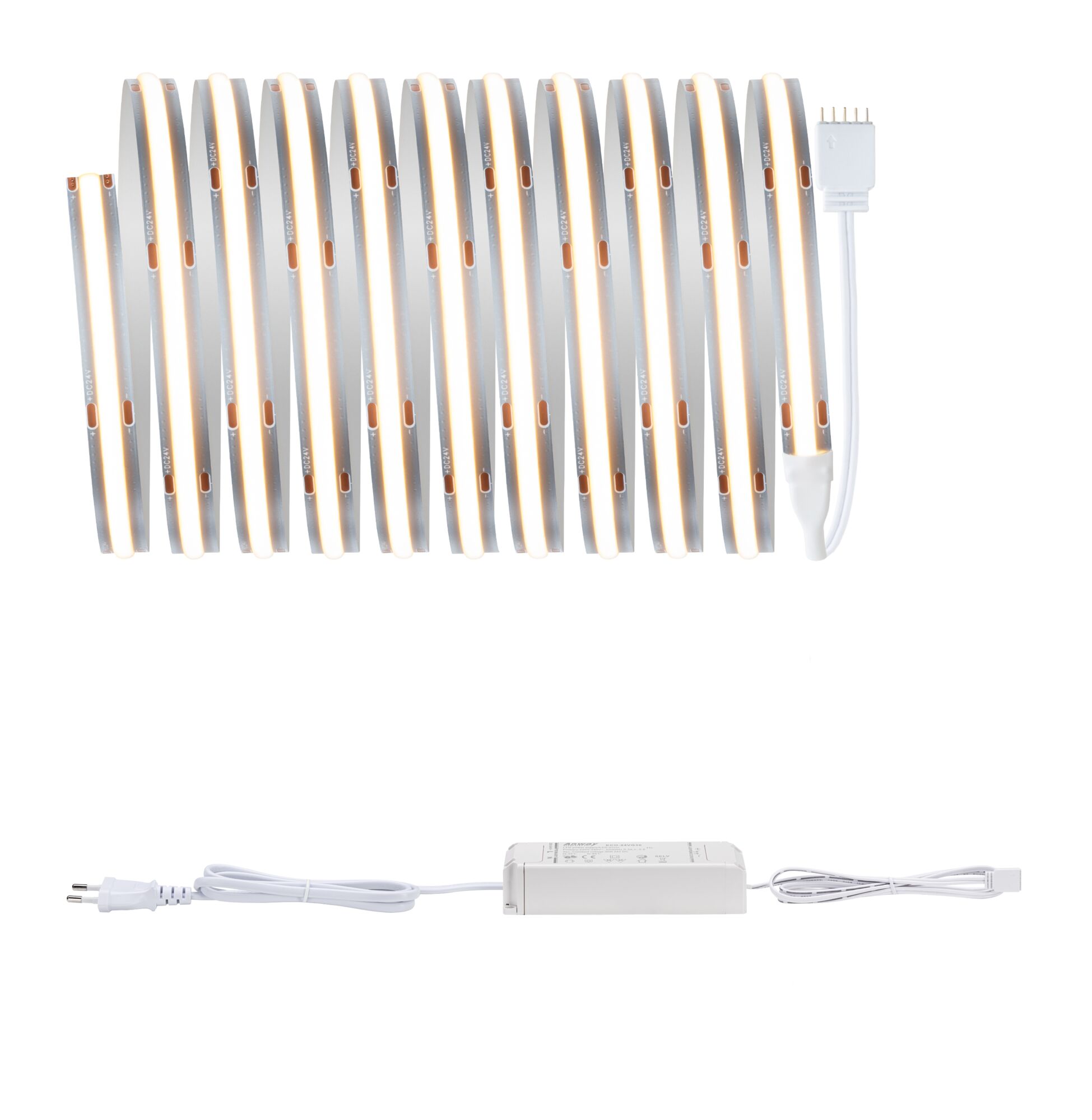 MaxLED 500 Strip LED Kit de base COB 3m 2700K 19W 500lm/m 2700K 36VA Bande LED flexible avec lumière blanc chaud et alimentation blanche pour solutions d'éclairage variées