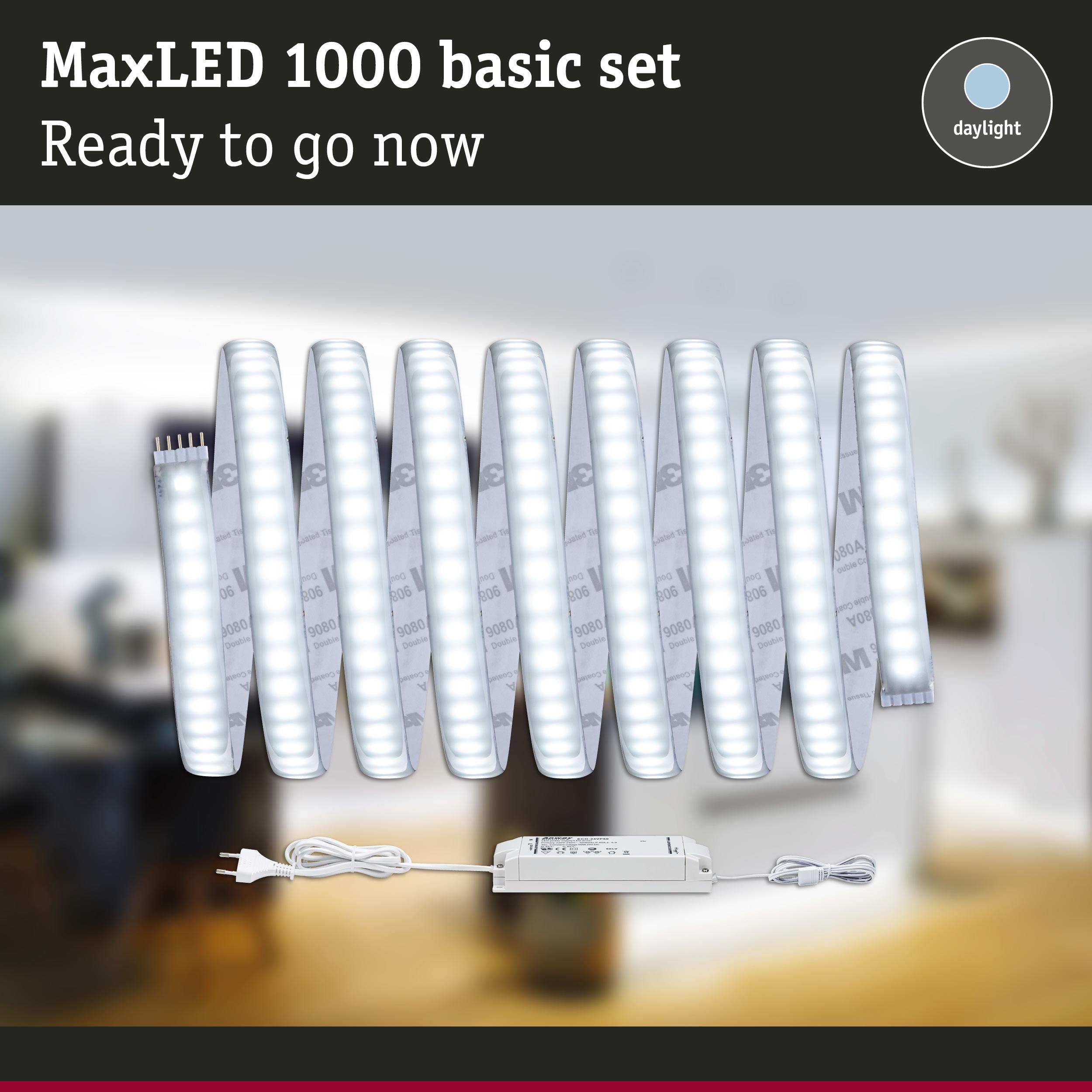 MaxLED 1000 LED strip light with power supply in white, daylight colour for versatile room lighting
