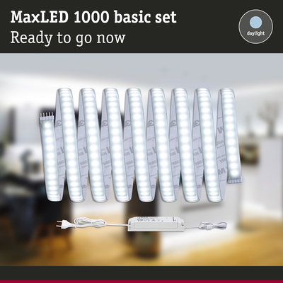 MaxLED 1000 LED strip light with power supply in white, daylight colour for versatile room lighting