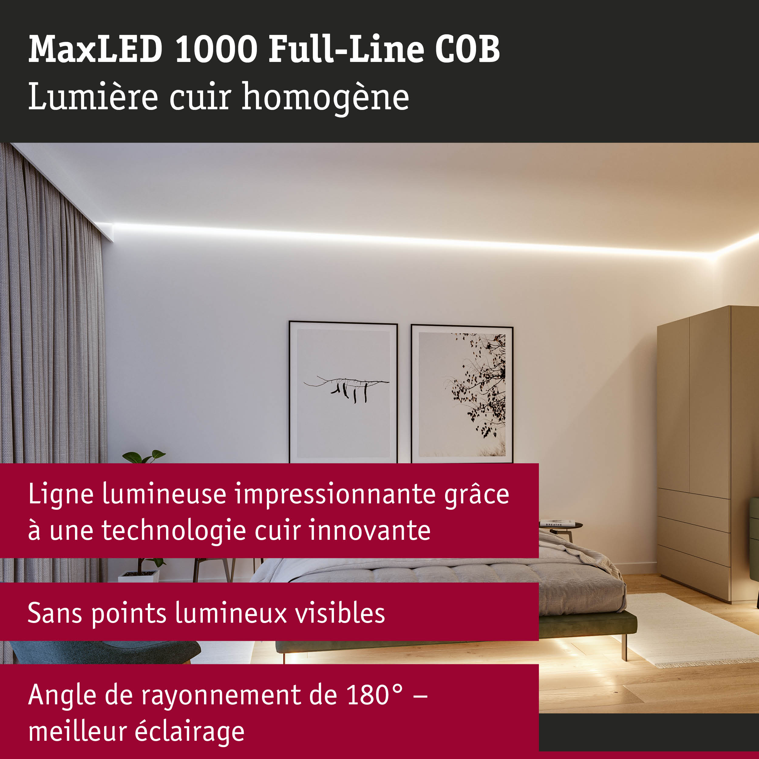 Chambre moderne avec bande LED MaxLED 1000 Full-Line COB blanche offrant un éclairage homogène