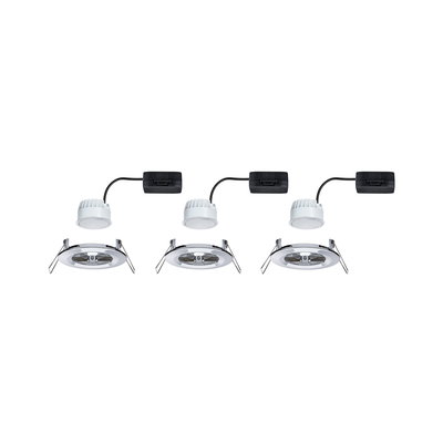 Three white LED recessed spotlights with black connectors and metal brackets for modern room lighting