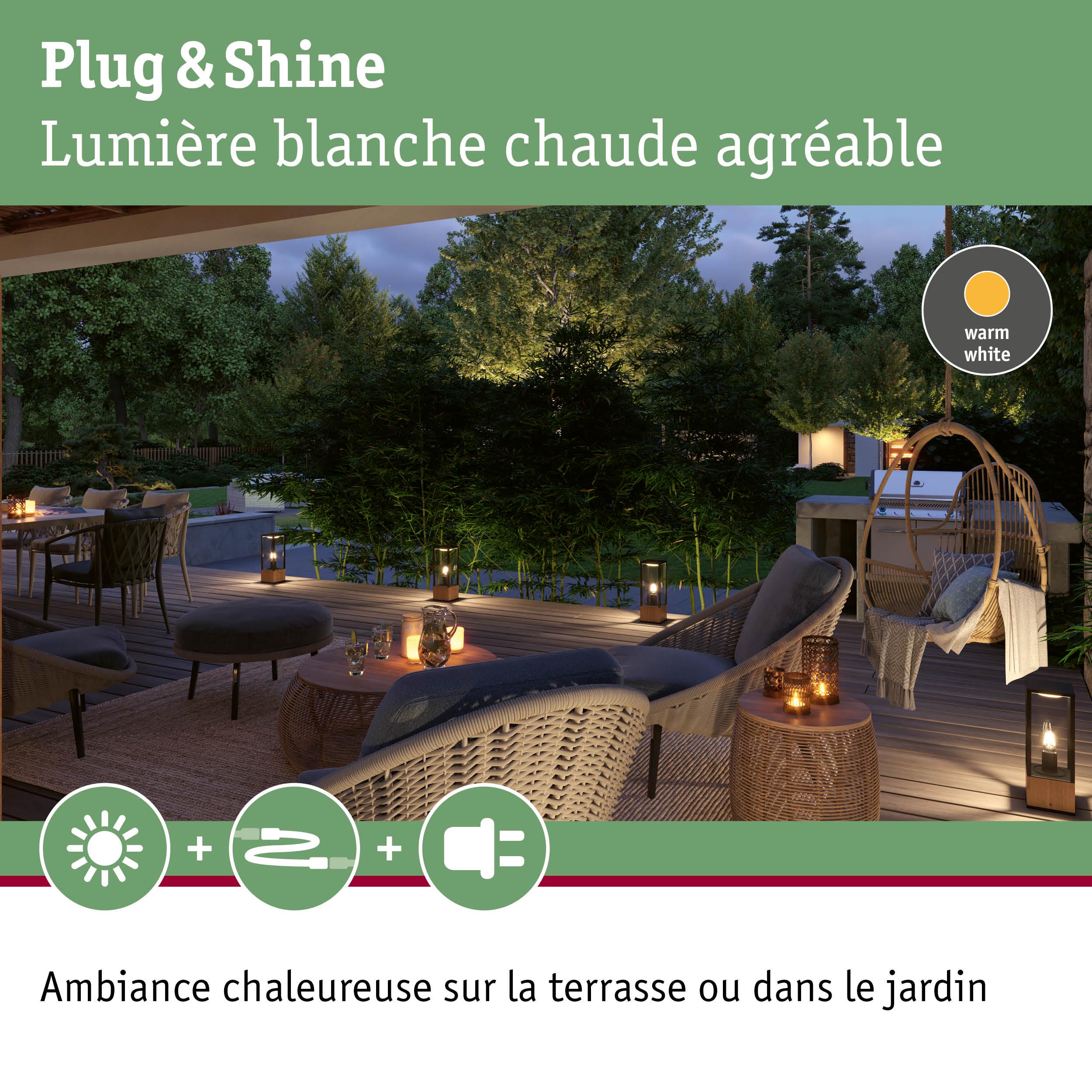 Terrasse chaleureuse éclairée par lumière LED Plug & Shine blanc chaud pour jardin et extérieur