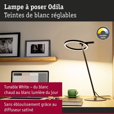Lampe à poser Odila noire avec lumière blanche réglable et diffuseur satiné pour un éclairage sans éblouissement