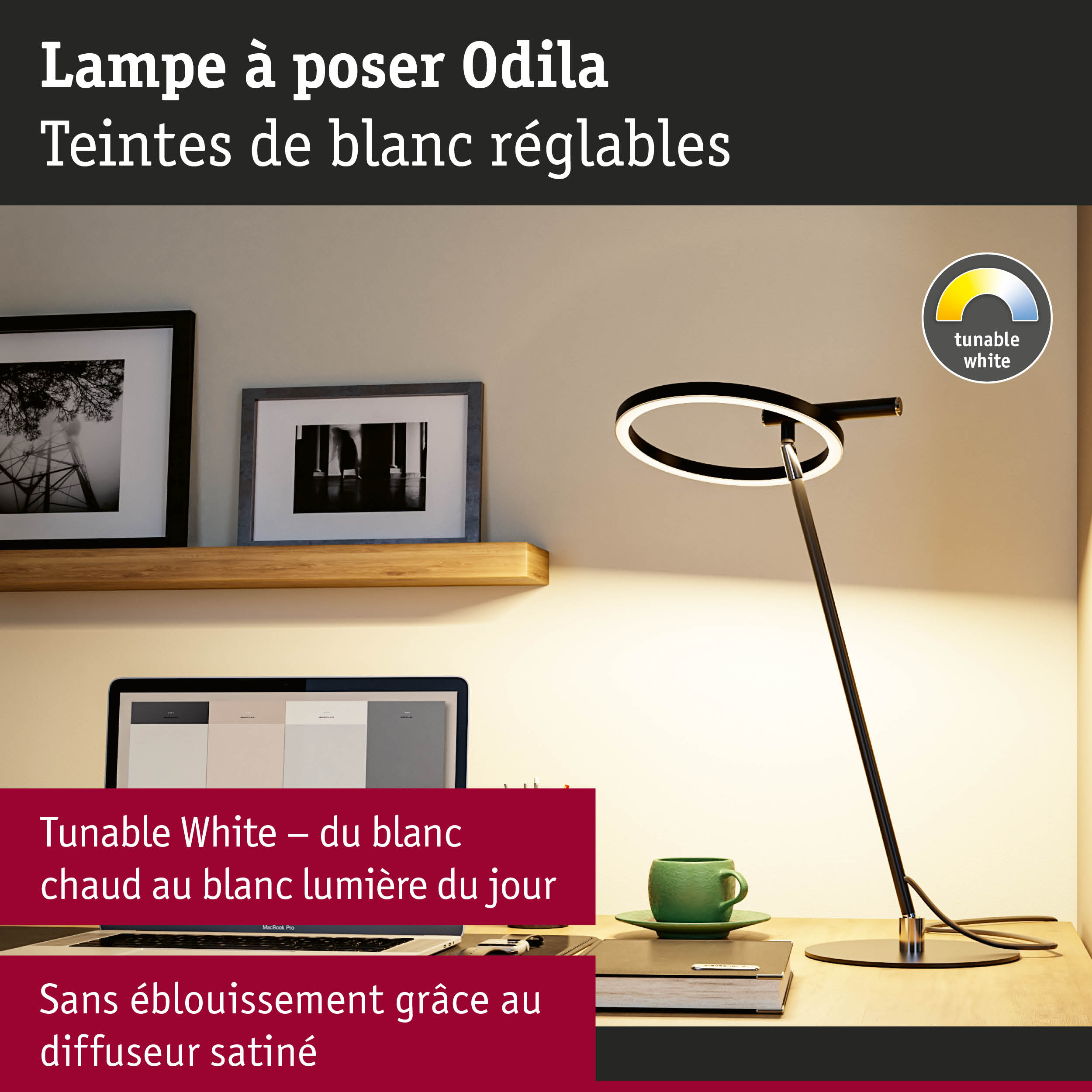Lampe à poser noire Odila avec teintes de blanc réglables et diffuseur satiné pour un éclairage sans éblouissement